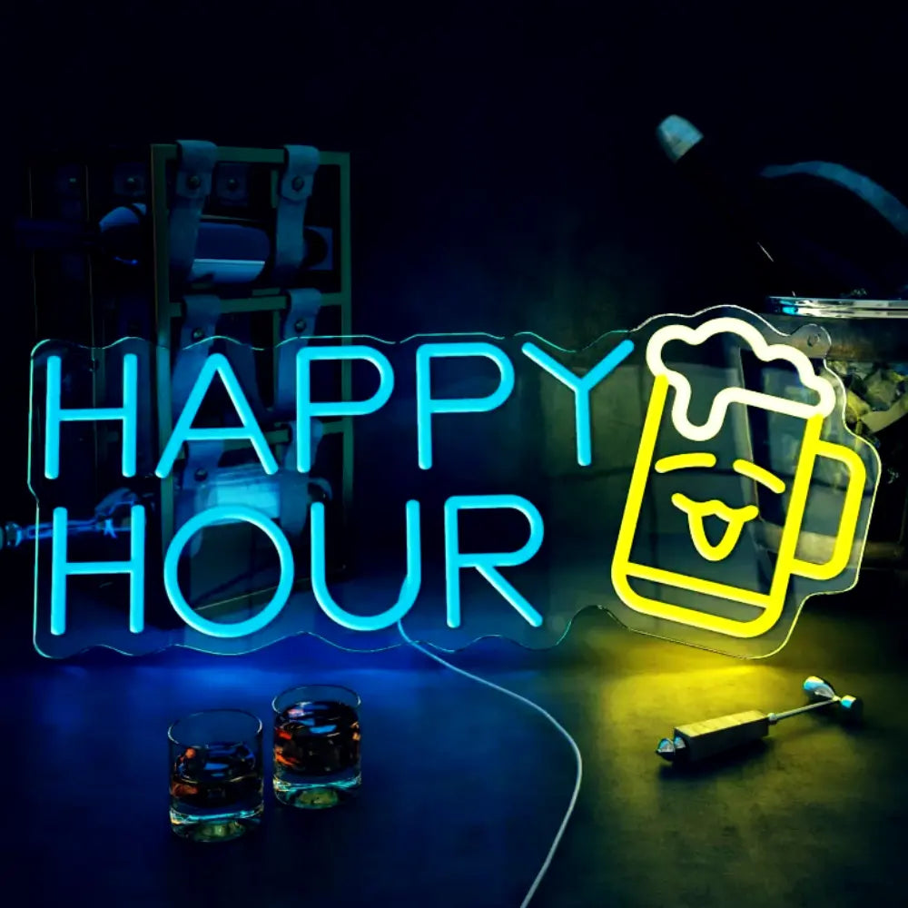 enseigne néon happy hour bar